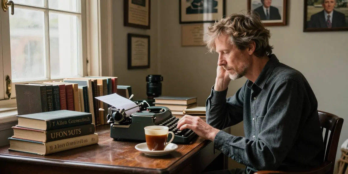 Writer exploring spirituality and UFOs at https://tallengreenfield.com, surrounded by books and accolades.