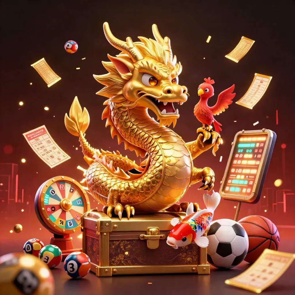 Golden dragon with phoenix, koi, and casino symbols burst in neon light.