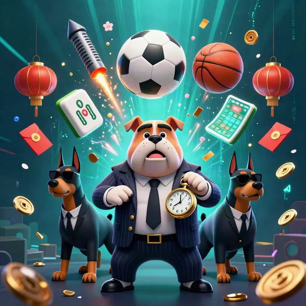 Pinstripe bulldog mob boss with two Dobermans, flying casino props, neon underwater backdrop