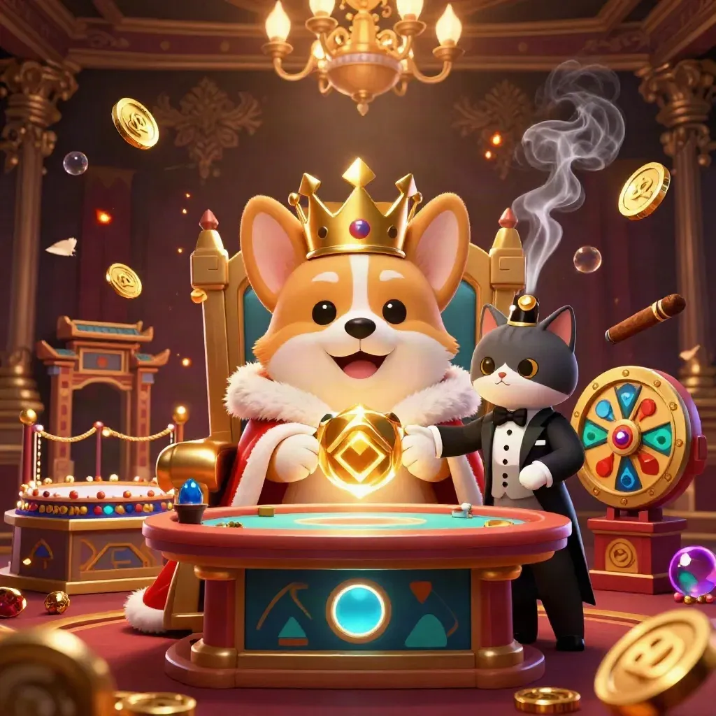 Royal corgi and cat butler in a luxe casino fantasy with teal-gold glow and props.