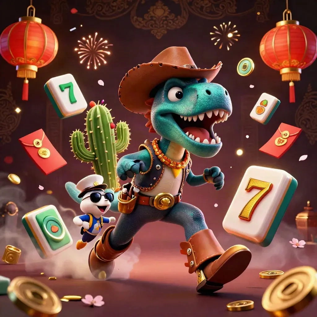 Cowboy T-Rex, cactus sidekick, and roadrunner amid casino-style bursts and glowing gold effects.
