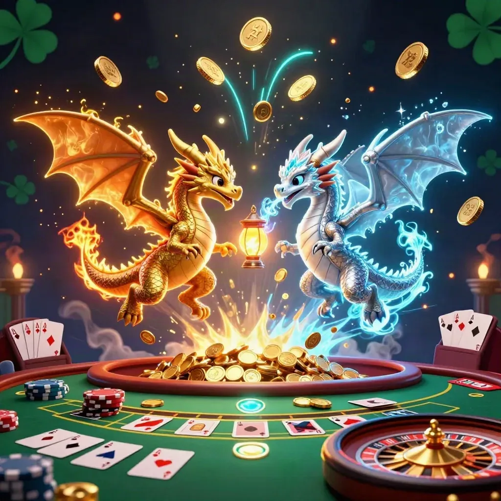 Gold and silver dragons swirl over poker chips, cards, roulette wheel, and bursting gold coins.