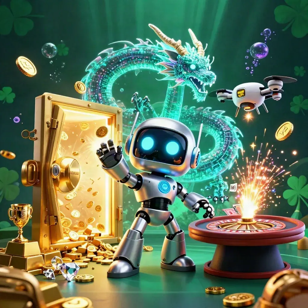 Cyberpunk robot, holographic dragon, and drone amid a vault burst of gold and casino lights.