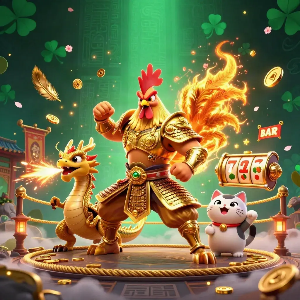 Rooster samurai, spark-breathing hatchling, and fortune cat amid coins, reels, and a temple gate.